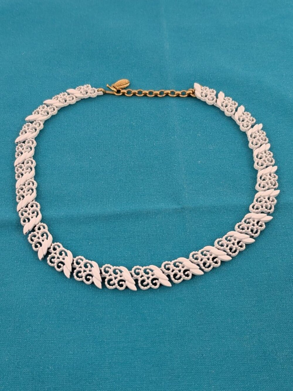 Vintage Monet White Enamel Lace Filigree Necklace